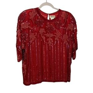 Tribout Young Designers Women's SS Blouse Large Cherry Red Pure Silk Beaded